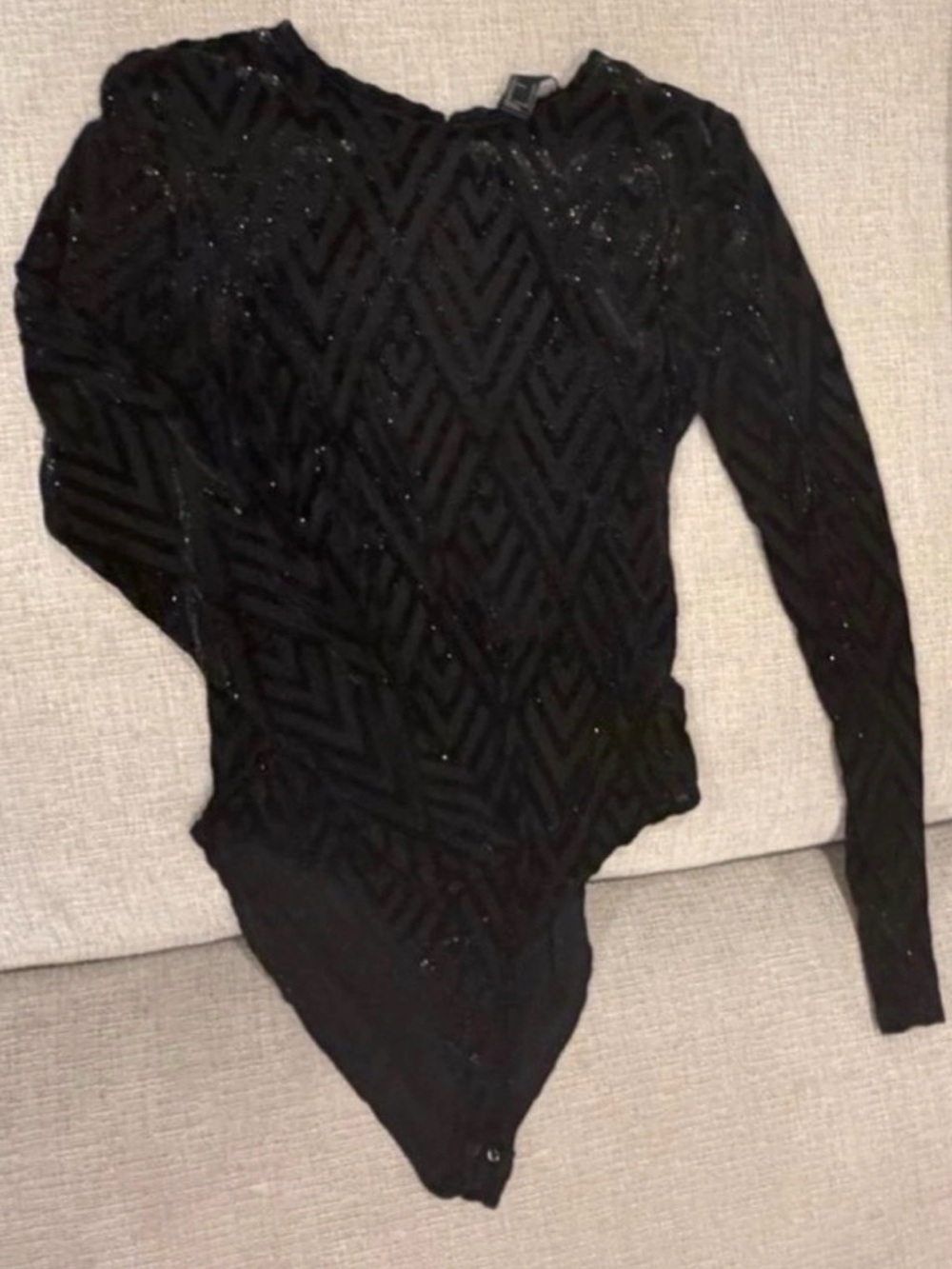 Black Long-Sleeve Chevron Print Glitter Women’s Bodysuit